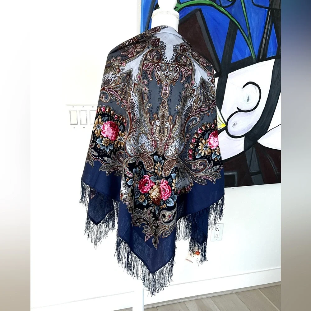 DESIGNER SCARF Butterfly's Dream wool printed with silk fringe